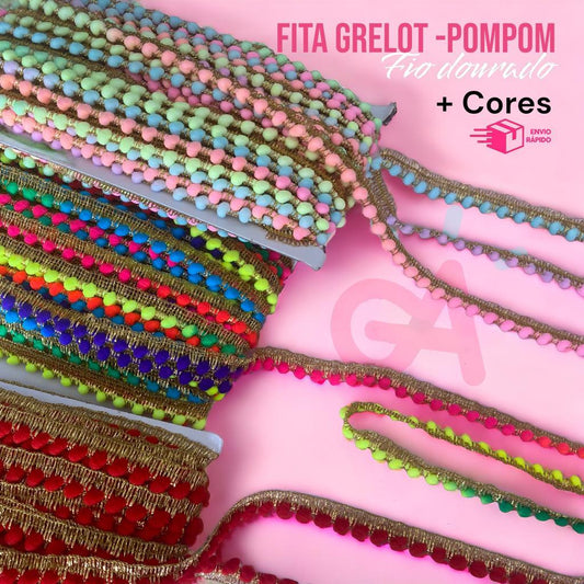 FITA GRELOT POMPOM EM METRO-COM FIO DOURADO- Peça com 25 metros