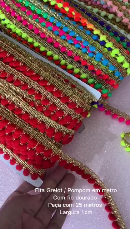 FITA GRELOT POMPOM EM METRO-COM FIO DOURADO- Peça com 25 metros